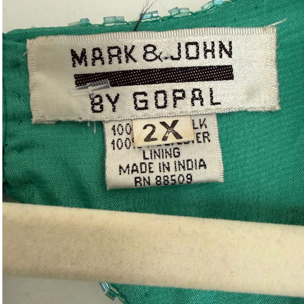 Vintage Mark & John by Gopal Women's 100%‎ Pure Silk Maxi Beaded Green Dress 2X - Picture 2 of 16